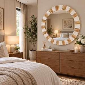 Espejo Redondo con Incrustaciones de Hueso Hecho a Mano: Espejo Decorativo de Pared Estilo Boho Chic - Product Image 2