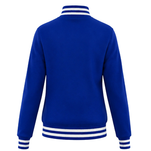Royal Blue Varsity Letterman <b>Jacket</b> with Gold Greek Letter Embroidery <b>White</b> Striped Ribbed Trim Snap Button Collegiate Team Wear - Product Image 3