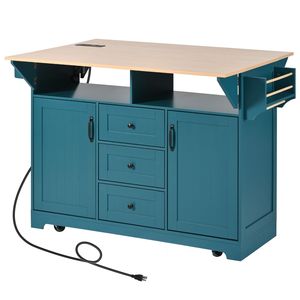 K K 55.7 Large <b>Kitchen</b> Island with 2 Drop Leaf Rolling <b>Kitchen</b> Cart on 5 Wheels Power Outlet <b>Folding</b> Storage Dining <b>Table</b> - Product Image 4