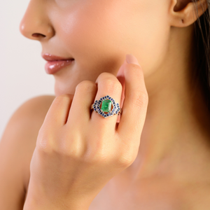 Women's Natural Emerald & Blue Sapphire May Birthstone Cluster <b>Statement</b> <b>Ring</b> Unique Vintage Inspired Design Jewelry - Product Image 2