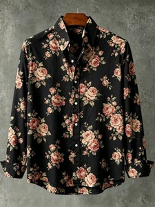 Chemise Homme Tendance en Coton Respirant, Motif Floral Vintage Rose Épanouie Entièrement Imprimé, Col Revers, Manches Longues, Motif Dessiné à la Main Style Urbain - Product Image 2