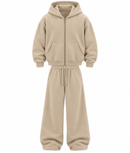 Conjunto deportivo de dos piezas para mujer, sudadera con capucha beige con cremallera y pantalones jogger casuales - Product Image 1