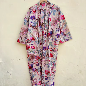 Bata Kimono de Algodón 100% Tejido con Estampado de Dibujos Animados para Mujer, Camisón de Verano Hecho a Mano, Cuello en V, Cintura Elástica, Largo Completo, ODM - Product Image 1