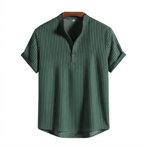 เสื้อเชิ้ตแขนสั้นลายทางสไตล์เฮนลีย์สำหรับผู้ชาย ผ้าฝ้ายผสม คอตั้ง สวมใส่สบายสำหรับฤดูร้อน - Product Image 1