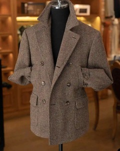 <b>Brown</b> <b>Wool</b> Double Breasted Men's Blazer with Notch Lapel and Cuff Buttons Embossed Logo British Style Adult Size - Product Image 5