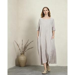 Elegant Khaki Plain Cotton Linen Maxi <b>Dress</b> With O-Neck <b>Loose</b> Fit Short Sleeve Summer Casual Midi <b>Dress</b> For Women - Product Image 2