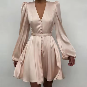 Robe Courte en Satin Col V Profond Manches Bouffantes Coupe Évasée Élégante pour Femme – Robe Décontractée Printemps Respirante Couleur Unie - Product Image 4