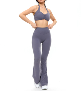 Pantalon de yoga évasé taille mi-haute, couleur unie simple, en polyester/nylon extensible dans les quatre sens, longueur intégrale, pour femme, tenue de fitness - Product Image 5