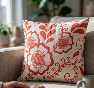 Funda de Almohada con Motivo Botánico de Estilo Escandinavo Tradicional con Ilustraciones Rojas Vibrantes, Suministro Directo de Fábrica 18X18 - Product Image 1