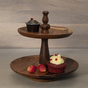 Rustic Wooden Two-Tier <b>Cake</b> <b>Stand</b> Crafted With Natural Dark Wood Grain Turned Central Spindle Pillar Handle For Serving & Decor - Product Image 6