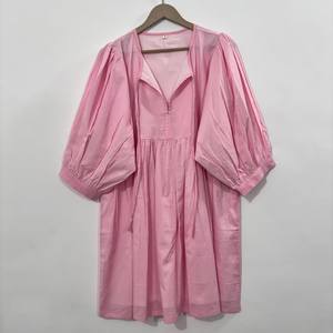 Robe midi décontractée en coton pour femme avec manches ballon - Robe d'été style babydoll taille empire - Tunique ample 100 % coton à col en V - Product Image 4