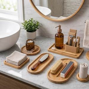 <b>Wooden</b> <b>Bathroom</b> Storage Tray Set Rectangle Minimalist Style Two Piece Natural Finish Convenient Organizer for <b>Bathroom</b> Decor - Product Image 4