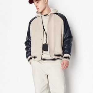 Veste universitaire pour homme, corps crème, manches en PU marine, fermeture boutonnée, col rabattu, coupe classique, style décontracté d'automne - Product Image 6