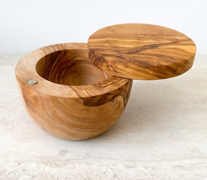 Élégante coupelle ronde en teck pour sel et sucre avec couvercle, récipient artisanal pour herbes et épices, finition naturelle durable, accessoire de cuisine - Product Image 1