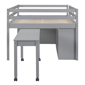 Letto a Soppalco in Legno a Grandezza Naturale con Scrivania Retrattile e 4 Cassetti, Scaffali Laterali Portatili in Grigio per Bambini - Product Image 5