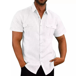Chemise décontractée en coton et lin pour homme, manches courtes, respirante, taille XL, col rabattu, couleur unie, poches, sergé – Vente en gros pour l'été - Product Image 3