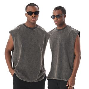 Fait sur mesure hommes Vintage sans manches débardeur haute rue extérieur lavé Streetwear Hipster T-Shirt avec bouton décoration - Product Image 1