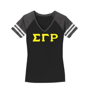 Womens <b>Black</b> V Neck T <b>Shirt</b> Short Sleeve Raglan Sleeve Greek Letter Graphic Casual Top <b>White</b> <b>Stripe</b> Sleeve Detail Fashion Tee - Product Image 1