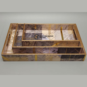 ชุดถาดเสิร์ฟเคลือบสีม่วงลายเรขาคณิต ปลอดภัยสำหรับอาหาร จำนวน 3 ชิ้น ถาดซ้อนกันได้ ทำจาก MDF และกระดาษ ดีไซน์ทันสมัย หรูหรา สำหรับห้องครัว ห้องรับประทานอาหาร และตกแต่งบ้าน - Product Image 1