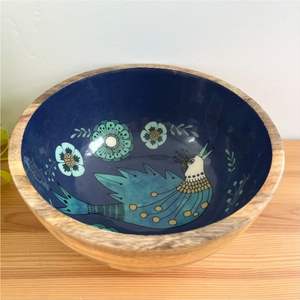 Tazón de Madera de Mango Esmaltado Hecho a Mano con Estampado de Pájaros - Tazón Decorativo para Ensaladas y Frutas, Utensilios de Cocina de Madera para Decoración del Hogar y Regalos - Product Image 1