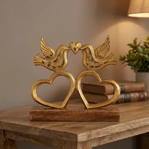 Elegant Gold Love Birds <b>Heart</b> Shape Statue Decorative Metal Sculpture for Home Office Table <b>Shelf</b> Wedding Anniversary Gift Decor - Product Image 1