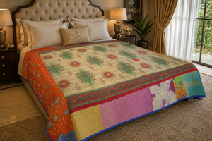 Couvre-lit vintage bohème Kantha brodé à la main en coton biologique réversible personnalisable tendance pour lit King, hôtel, plage - Product Image 2