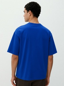 เสื้อยืดคอตตอนสีน้ำเงินล้วนทรงโอเวอร์ไซส์สำหรับผู้ชาย ขายส่ง คอกลม แขนสั้น สไตล์ลำลอง สตรีทแวร์ ระบายอากาศ แห้งเร็ว ผ้าเจอร์ซีย์ถัก 240 กรัม - Product Image 2