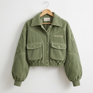 Womens Olive Green Corduroy Utility Jacket With Oversized Collar Cargo Pockets Snap Buttons <b>Balloon</b> Sleeves Wholesale Supplier - Product Image 6