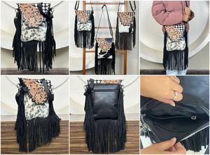 Sac à main bandoulière en cuir véritable fait main de style occidental avec motif en damier et franges en peau de vache, sac à main bohème pour femmes - Product Image 3