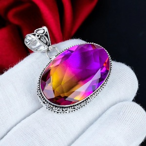 Pendentif bicolore en tourmaline serti clos, en argent sterling 925, fait main, ovale, à facettes, style bohème, cadeau de mariage, pour fête - Product Image 4