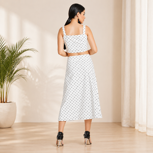 Custom Women's <b>White</b> Polka Dot Sleeveless Crop Top Midi Skirt <b>Set</b> Summer Casual Two <b>Piece</b> Outfit OEM ODM Wholesale Manufacturer - Product Image 5