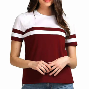 Camiseta Casual de Manga Corta con Cuello Redondo, Tejida, con Bloques de Color en Contraste y Rayas, Corte Regular - Product Image 1