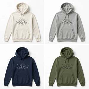 Sudadera con capucha de algodón grueso negro con diseño gráfico personalizado de montaña y sol, bolsillo y cordón ajustable - Product Image 6