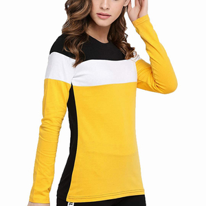 Women's Crew Neck <b>Long</b> <b>Sleeve</b> Color Block T-Shirt Regular Fit Casual Knitted Polyester Cotton <b>Top</b> Yellow <b>Black</b> White T-Shirt - Product Image 3