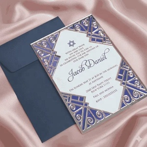 Duallush Designs Art Deco <b>Rose</b> <b>Gold</b> <b>Mirror</b> Acrylic Bar Mitzvah Invitation Laser Cut Frame Royal Blue Backing Navy Envelope 7x5 - Product Image 1