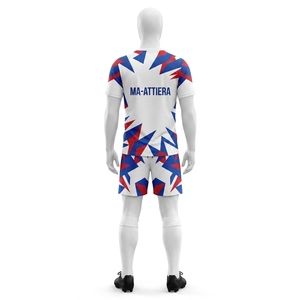 Ensemble d'uniformes de football blancs personnalisés, maillot de football géométrique rouge et bleu, shorts, chaussettes, vêtements de sport d'équipe - Product Image 3