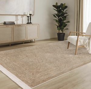 Tapis d'intérieur uni en jute naturelle tissé à la main à poils ras avec bordure décorative, écologique et résistant, pour salon et chambre à coucher - Product Image 4
