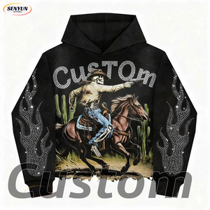 เสื้อฮู้ดดี้ประดับเพชรเทียมทรงโอเวอร์ไซส์สำหรับผู้ชาย สไตล์ฮิปฮอป ดีไซน์ลายเปลวไฟที่ด้านหลัง - Product Image 2