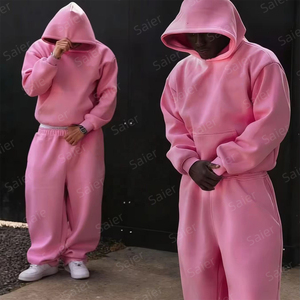 Ensemble de survêtements streetwear pour hommes avec impression en relief, comprenant un sweat à capuche court et ample et un pantalon de survêtement, en molleton personnalisé, style jogging et survêtement de sport - Product Image 4