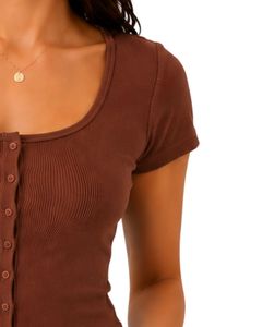 Top corto de punto acanalado marrón para mujer, manga corta, con botones al frente, corte ajustado, cuello cuadrado, informal, de verano, camiseta de algodón, blusa para damas - Product Image 4