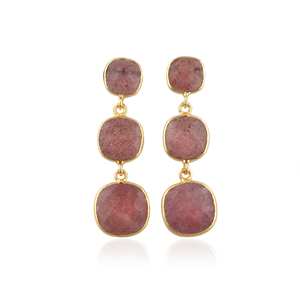 Exquisite genuine cherry quartz <b>drop</b> earrings cushion shaped smooth gemstone three tier gold plated accessories for women girls - Product Image 1