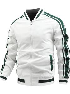 Veste varsity pour homme, rayée blanc-vert, coupe classique, fermeture boutonnée, col montant, style décontracté, en toile, pour l'hiver - Product Image 1