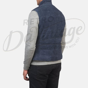 Chaleco Premium para Hombre, Azul Marino, de Cuero de Gamuza Acolchado, con Botones, Cuello Alto, Sin Mangas, Corte Ajustado, Acolchado, para Invierno - Product Image 2