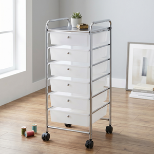 6 Drawer Storage Cart with Metal Frame and Wheels White <b>Plastic</b> Drawers for Office Organizing Minimalist Design - Product Image 1