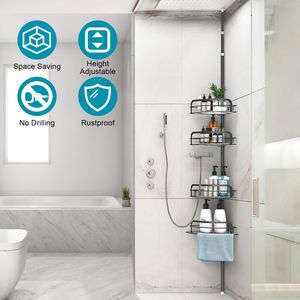 Carrito de ducha de acero al carbono de piso a techo que ahorra espacio, 4 estantes ajustables, barra de toalla, instalación sin taladro a prueba de herrumbre para - Product Image 6