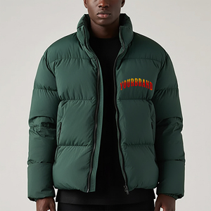 Men's Green Puffer Jacket Stand Collar Zipper Closure Windproof Casual Winter Jacket Regular Fit Polyester Wadding Solid Color - Product Image 1