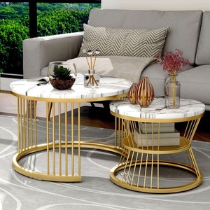 Modern <b>Round</b> Nesting <b>Coffee</b> <b>Table</b> Set of 2, White <b>Marble</b> Look Top, Plywood Frame, Living Room Side <b>Tables</b> - Product Image 6