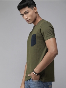 T-shirt décontracté pour homme en coton 100% biologique, col en V sans col, manches courtes, couleur unie, vert olive, tricoté, ODM, vêtements d'été - Product Image 4