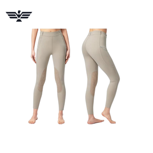 Pantalon d'équitation pour femme, taille haute, longueur intégrale, beige, en spandex et polyester, avec fermeture éclair et poches, respirant, vêtements d'équitation - Product Image 4