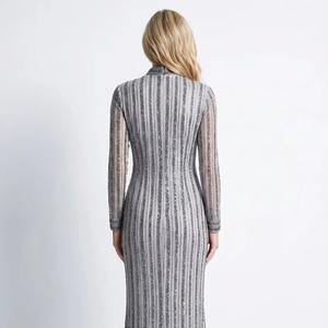 Vestido de Noche de Lujo con Cuello Alto y Cuentas 2026, Vestido Largo de Manga Larga con Rayas Verticales de Lentejuelas para Fiesta Formal, Venta al Por Mayor - Product Image 2